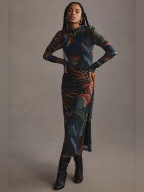 Farm Rio Long Sleeve Mockneck Mesh Slim Midi Dress Vibrant Tropical Print NEW